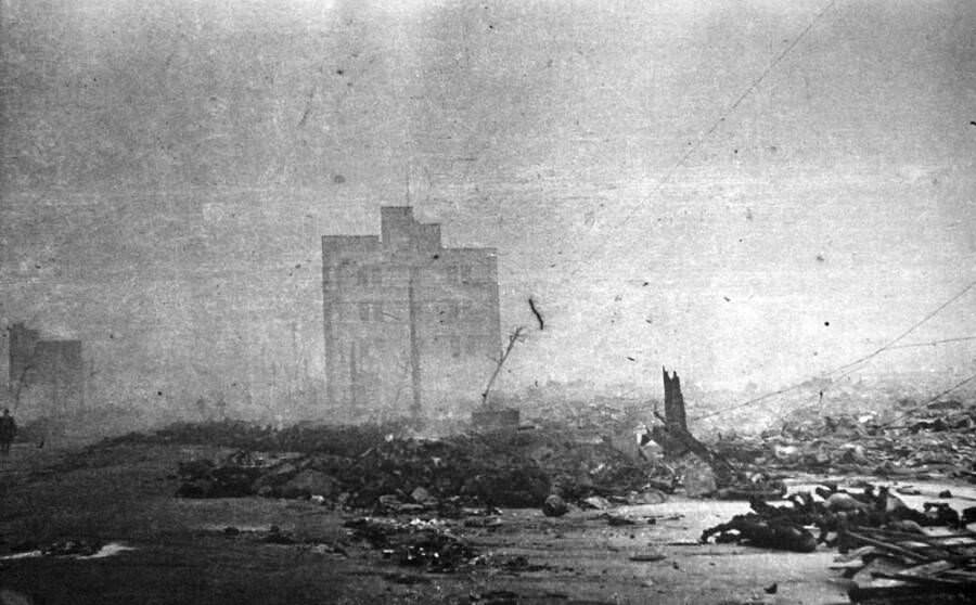 One of the only buildings in sight that withstood the Tokyo firebombing. 1945. Tokyo, Japan.