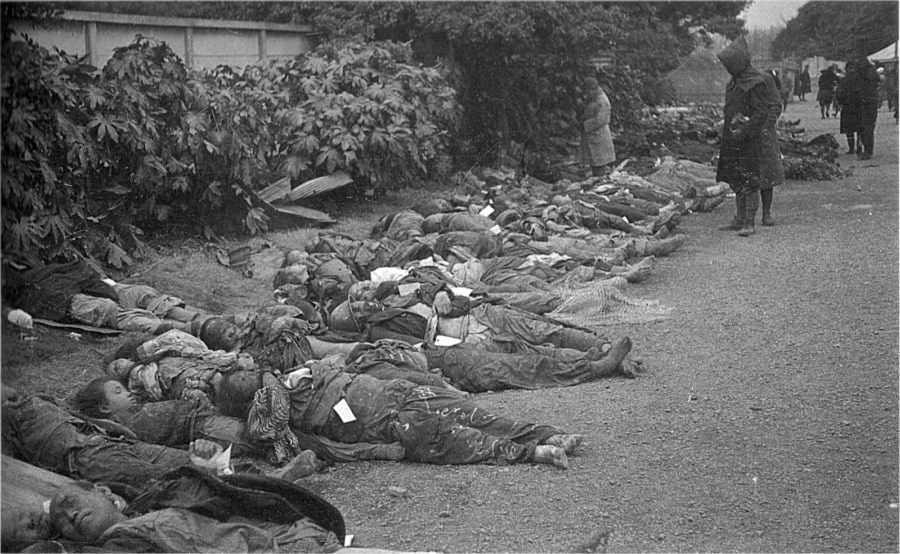 Lining up the dead to engage in a proper count and identification. These were brought from Shimoya and Asakusa to Ryō-Taishi-Waki in Ueno Park. March 16, 1945. Tokyo, Japan.