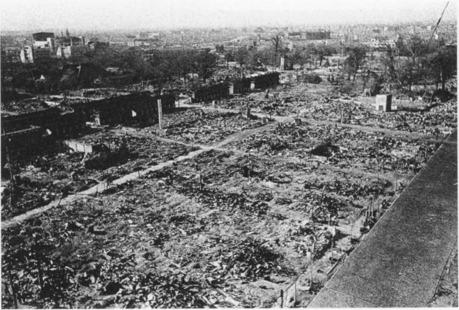 Taken from the roof of the Asakusa Matsuya Department Store, this flattened area was formerly a street in front of a temple. March 19, 1945. Tokyo, Japan.