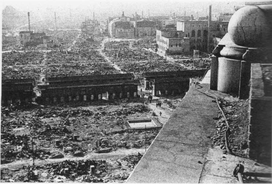 A view of the destroyed Nakamise-dōri—the street leading to the Sensō-ji temple—as captured from atop the Asakusa Matsuya Department Store. March 19, 1945. Tokyo, Japan.