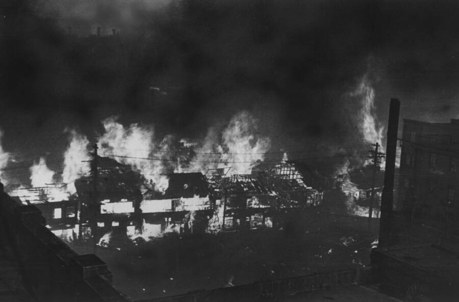 A snapshot of the lethal and traumatic night, during which an estimated 1,500 to 1,733 tons of flammable napalm was dropped by more than 300 B-29 bombers. The Air Force called it "Operation Meetinghouse." March 10, 1945. Tokyo, Japan.