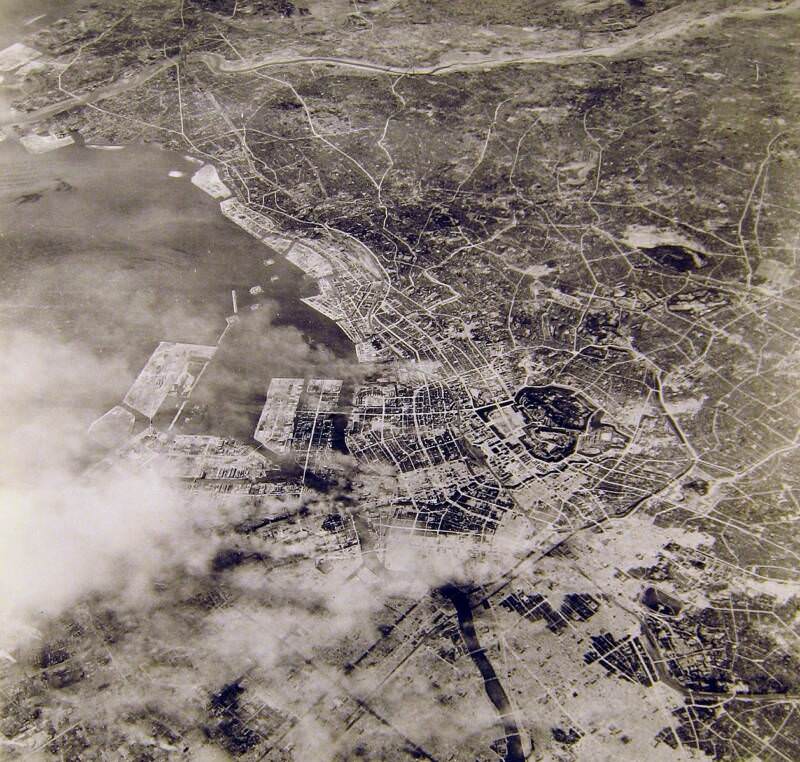 A U.S. Army Air Force photograph capturing the immediate aftermath of the March 10, 1945 bombing of Tokyo, Japan.
