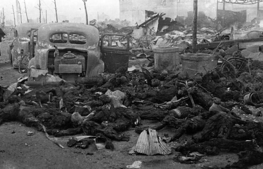 Many people burned or asphyxiated to death. Sunrise revealed this horrific sight—charred corpses after the aerial assaults. March 10, 1945. Tokyo, Japan.