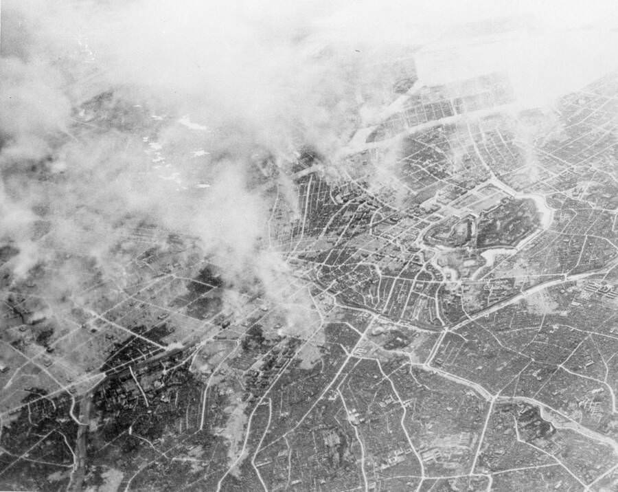 The wafting clouds of smoke clearly mark distinct areas targeted by Operation Meetinghouse. These were attacked by an initial round of B-29 bombers who set fires to identify targets. Next came six-pound firebombs filled with napalm.