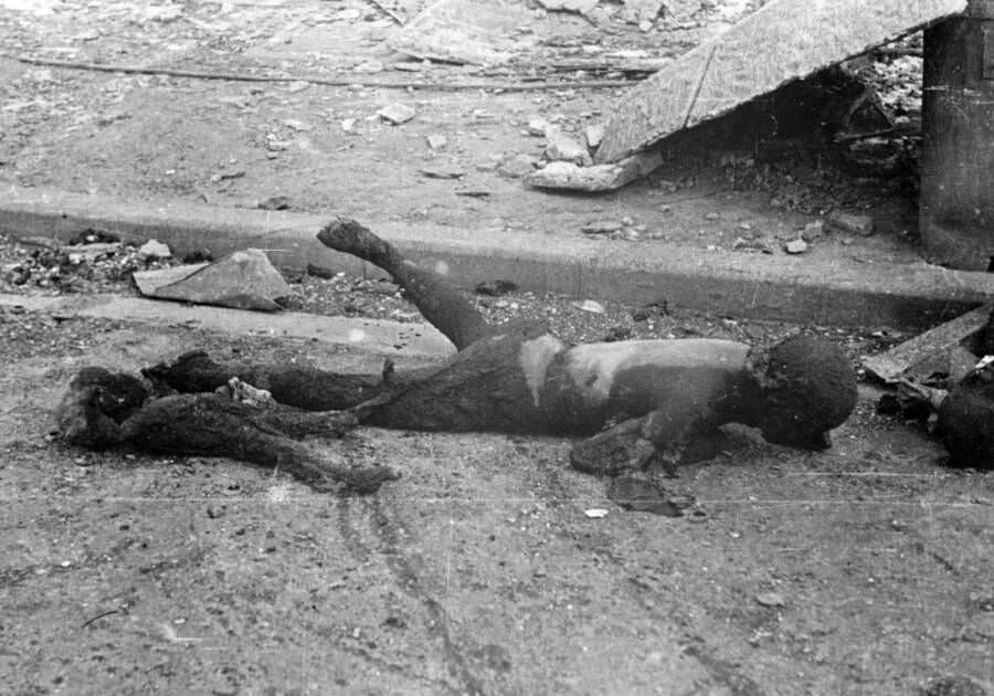 The charred husk of a Tokyo woman who had been carrying her young child on her back. Both were among the 100,000 people killed during the city's firebombing. March 10, 1945. Tokyo, Japan.