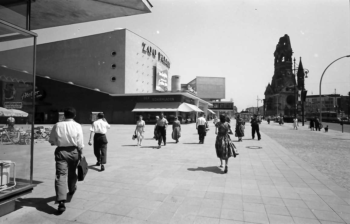 Zoo Palast and Kaiser Wilhelm Memorial Church in Berlin-Charlottenburg , July 1957