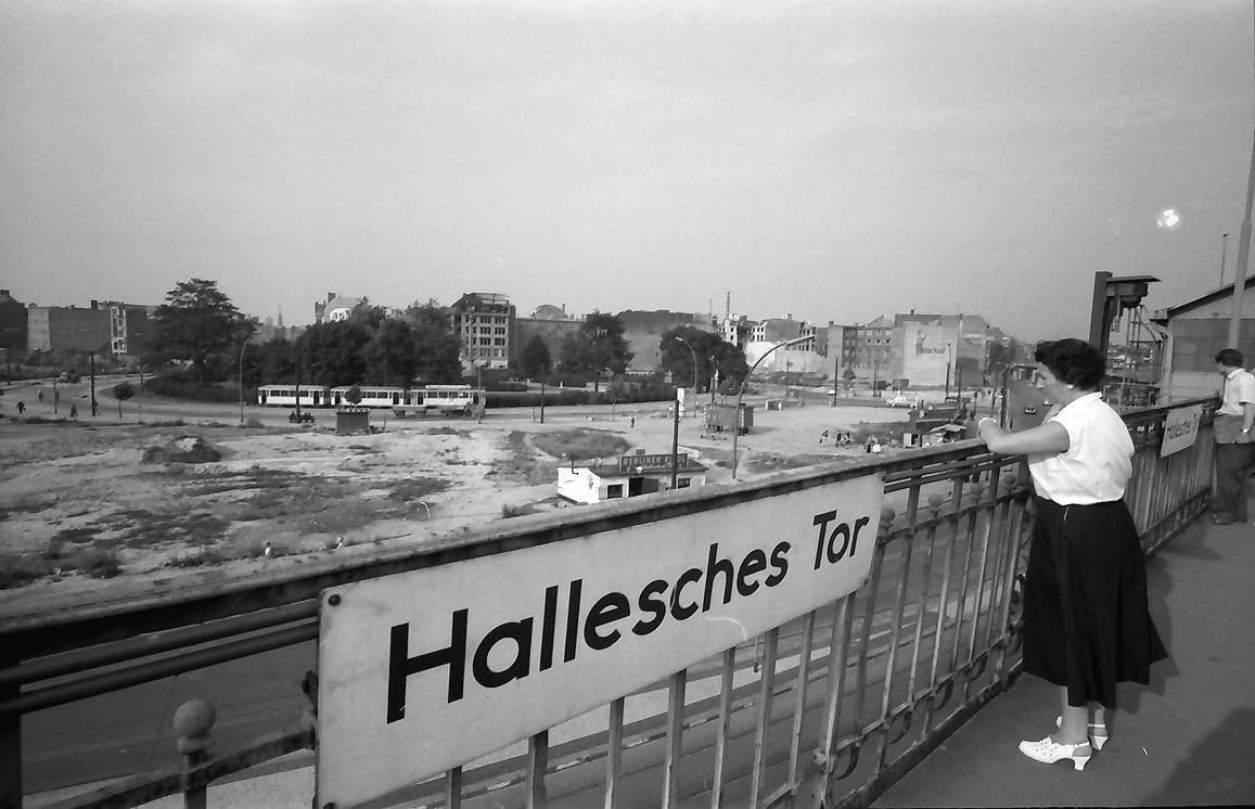 View from Hallesches Tor underground station to the destroyed Mehringplatz in Berlin-Kreuzberg , July 1957