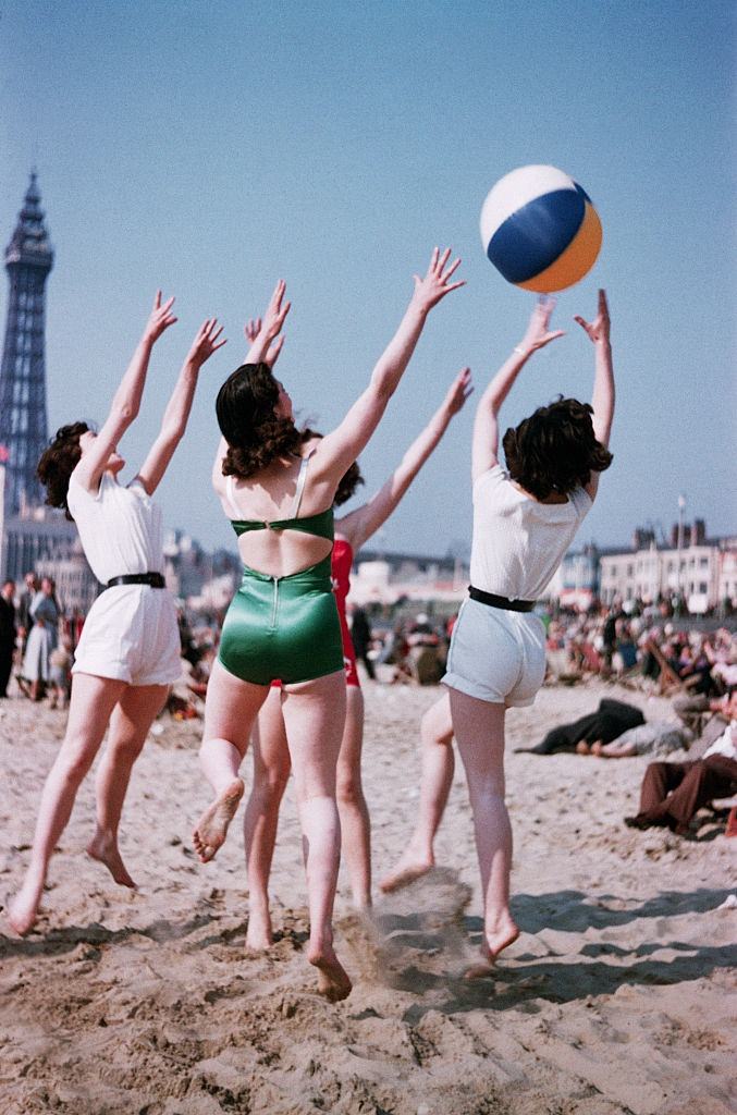 Women playing Beach Ball at Blackpool, 1953.