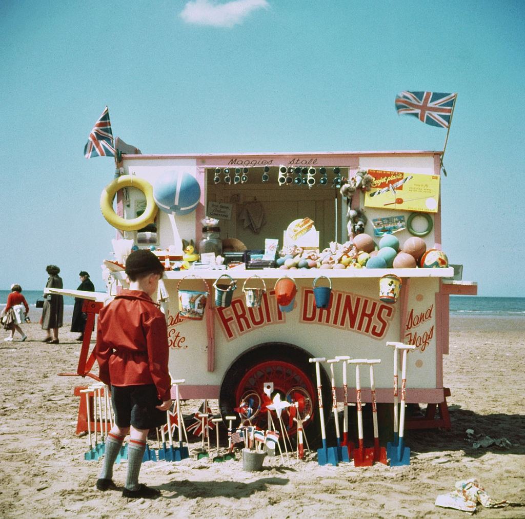 A drinks stall on the beach in Blackpool, 1954.