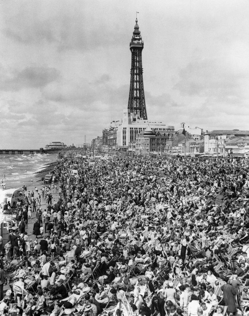 The Blackpool Bank Holiday crowds on the beach, Blackpool beach, 1953.