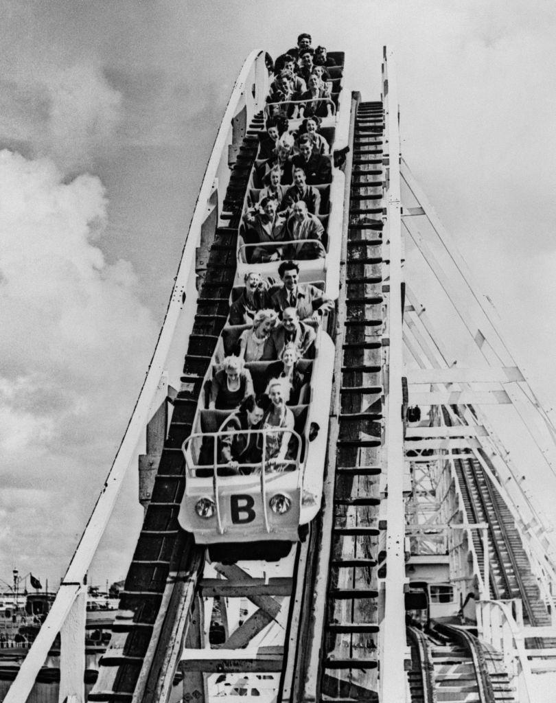 Bank Holidaymakers on the Big Dipper at the Blackpool Pleasure Beach, 1953.