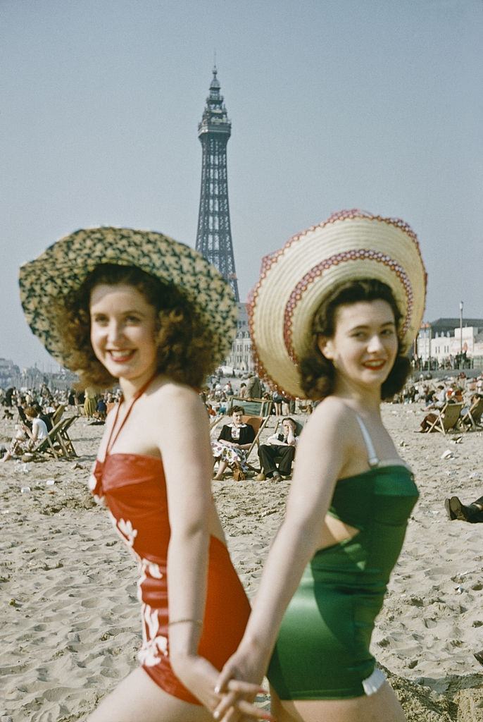 Two women on the beach at Blackpool, Lancashire, July 1954.