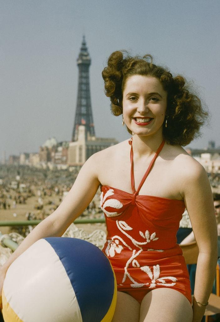 A women with ball on the Blackpool, 1954.