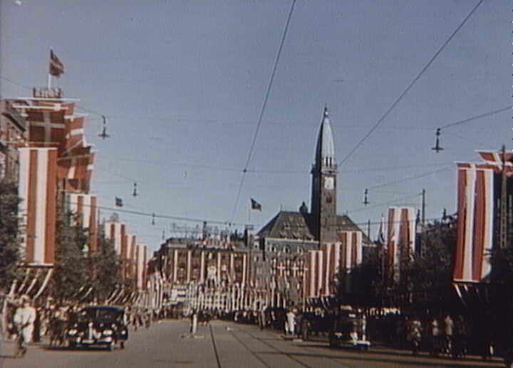 Flags at Vesterbrogade in Copenhagen. The king's birthday, 26th September 1945.