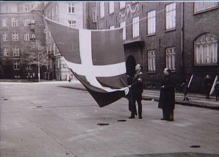 Dannebrog (the Danish flag) at Danas Plads in Copenhagen. 5th May 1945.
