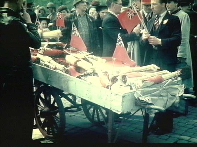 Barrow with flags (English/British) in Copenhagen. May 1945.