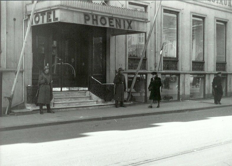 German guards outside the Hotel Phoenix in Bredgade, Copenhagen (The German Marine's head quarter). 1940-45.
