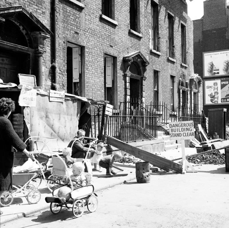 Protest against evictions from tenement buildings on York Street in Dublin, 1964