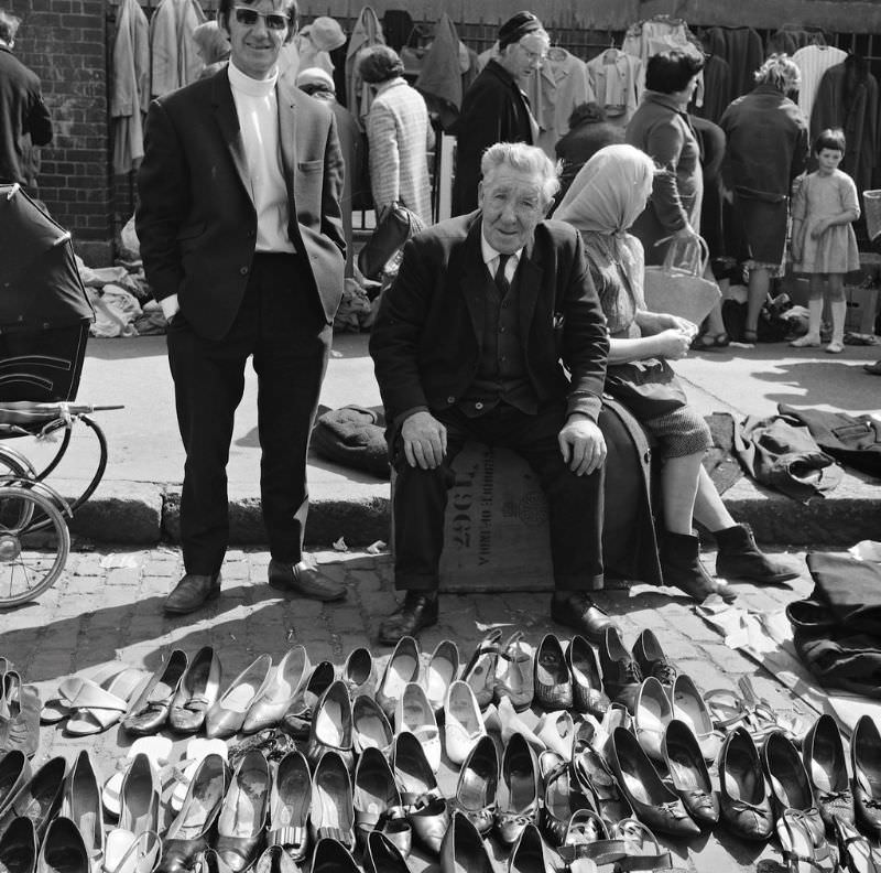 Secondhand (pre-owned!) shoe stall at Cumberland Street Market in Dublin, 1969