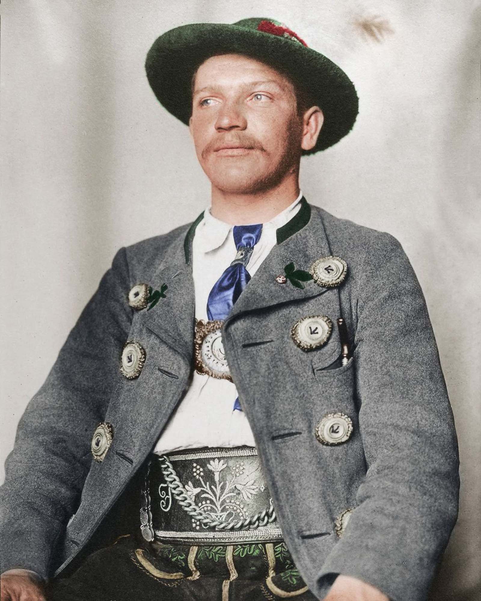 Bavarian man.” The traditional dress of Germany is known as the trachten, and like so many others has regional variations. In the alpine regions of Germany like Bavaria, leather breeches known as Lederhosen were worn regularly by rural folk, though in modern-day Germany, most people associate the ga