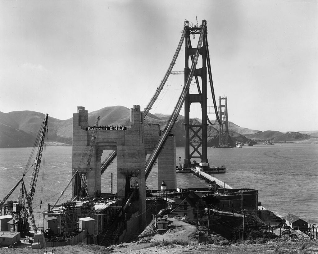 Golden Gate Tower under construction from San Francisco looking towards the mountains of Marin County