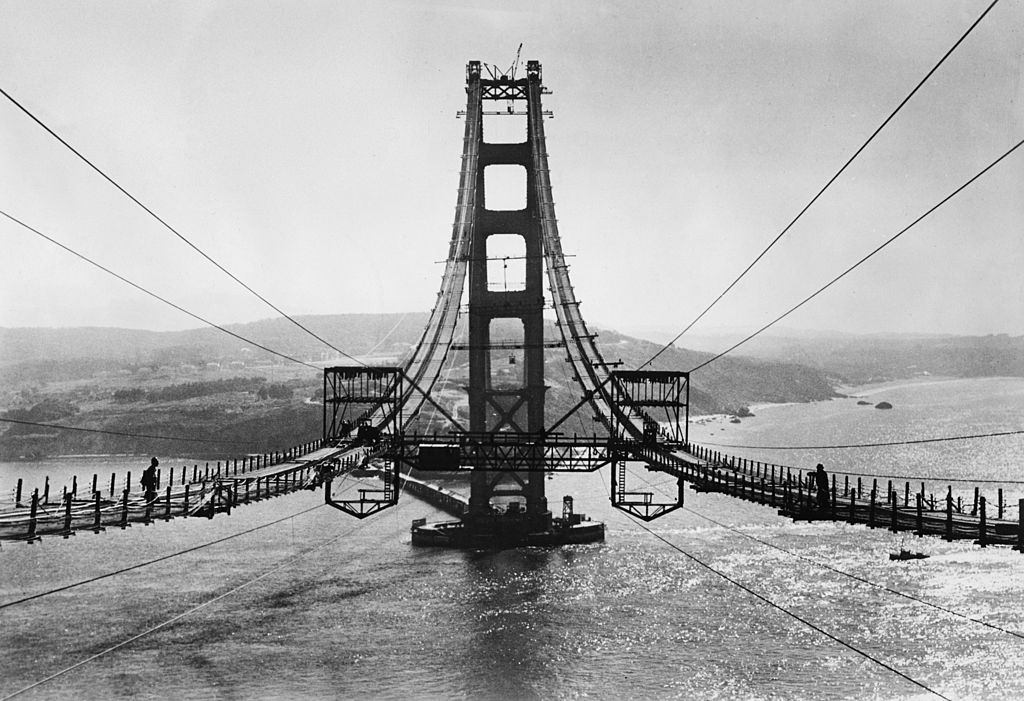 View of the Golden Gate Bridge under construction, 1935.