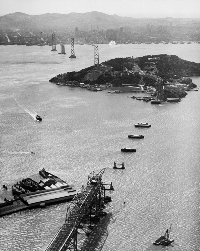 View of the construction of the Bay Bridge, 1935.