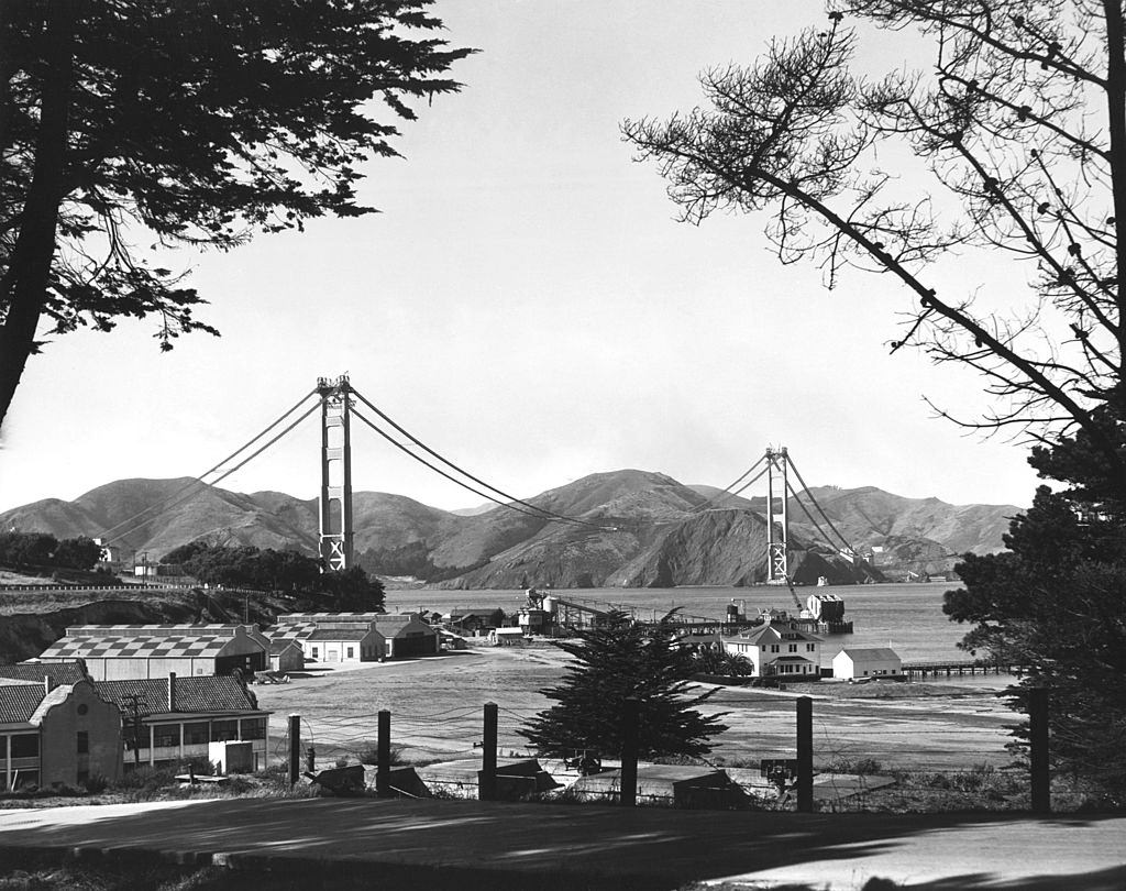 Presidio of the construction of the Golden Gate Bridge with the cables being installed, 1935.