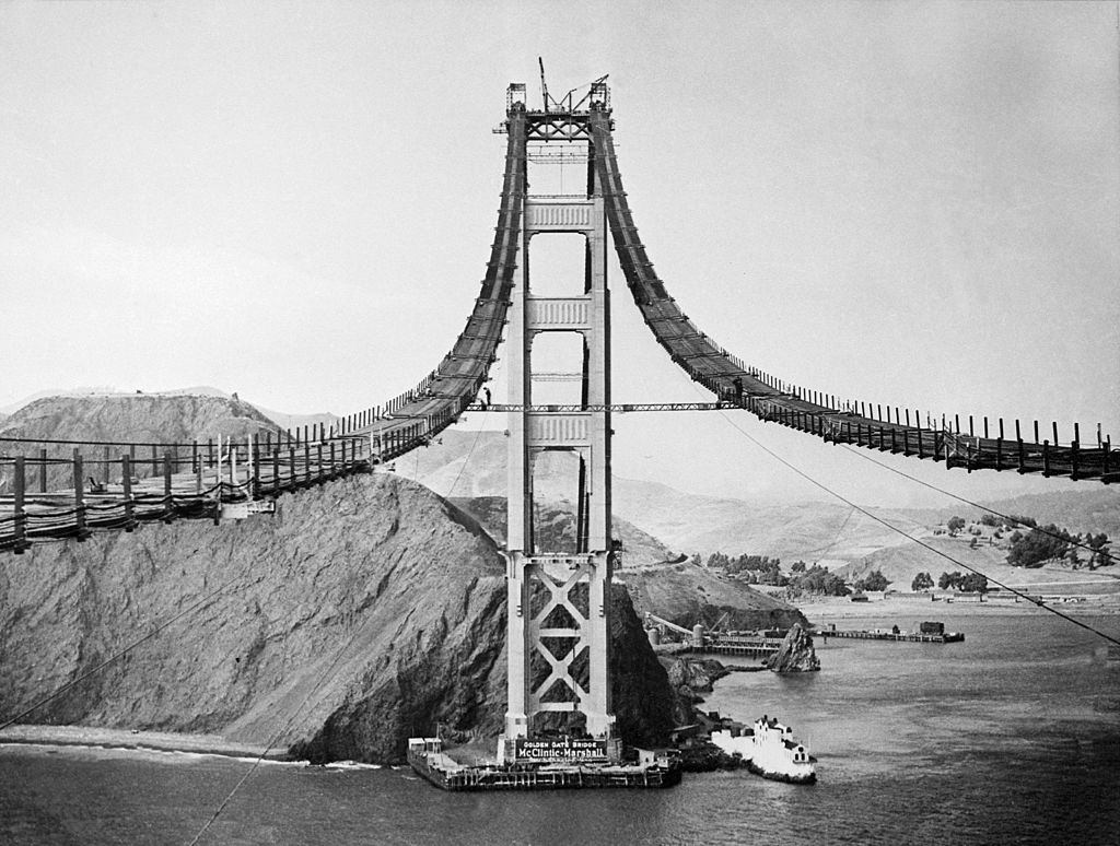 The Golden Gate Bridge under construction, 1934.
