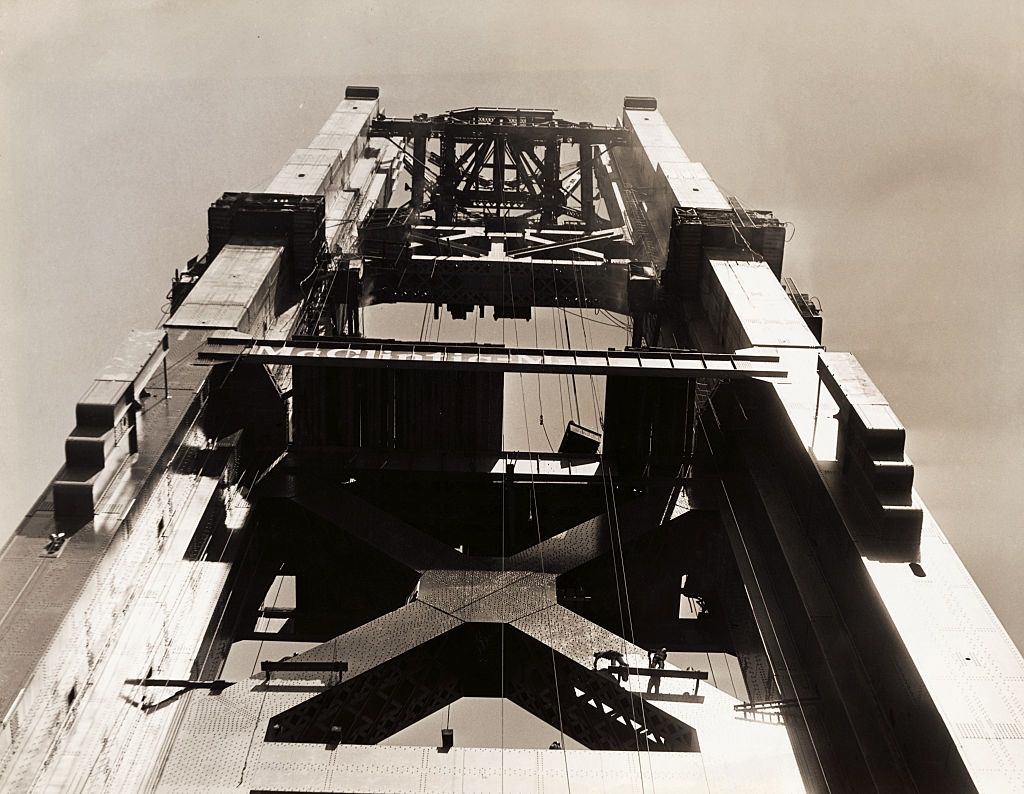 South tower of Golden Gate Bridge under construction.