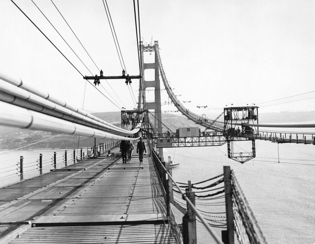 Construction of the Golden Gate Bridge with a view of the catwalks being placed under the cables, 1936.