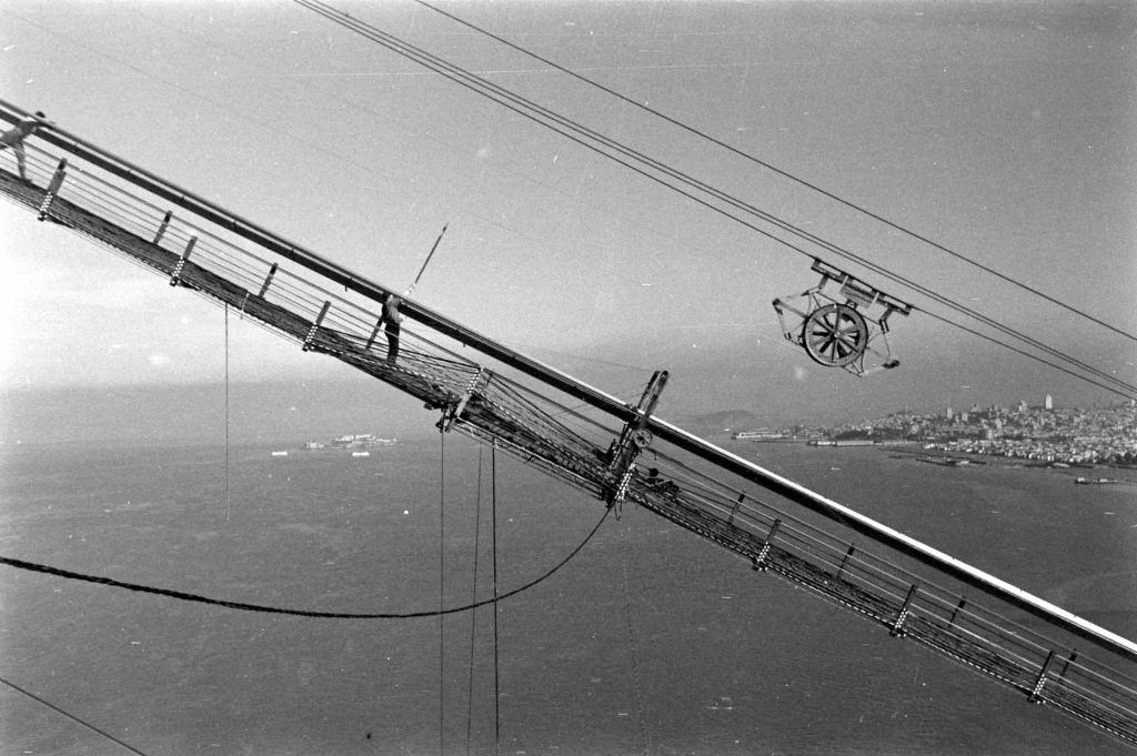 Aerial view of cables during the construction of the Golden Gate Bridge in San Francisco.