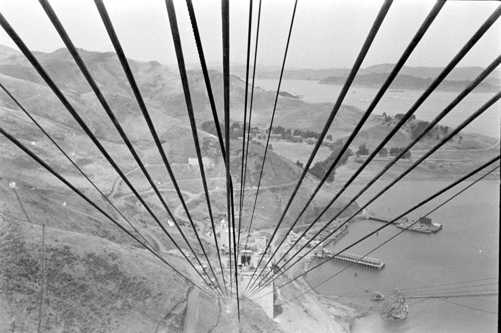 Aerial view of cables during the construction of the Golden Gate Bridge in San Francisco, 1940.