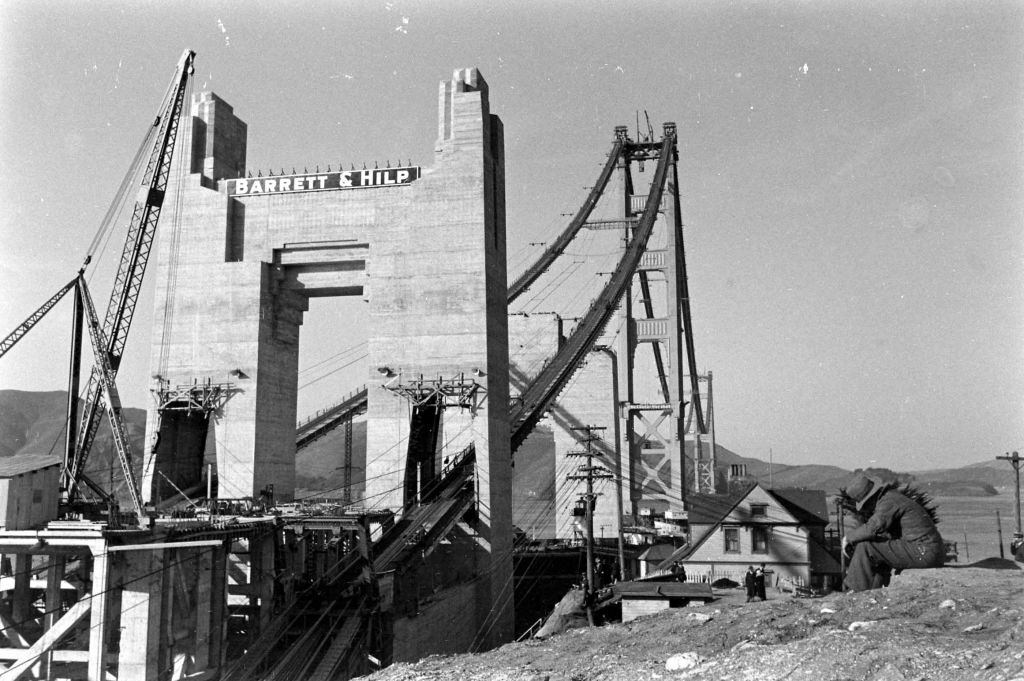 Scene of the Golden Gate Bridge during its construction in San Francisco, 1940.