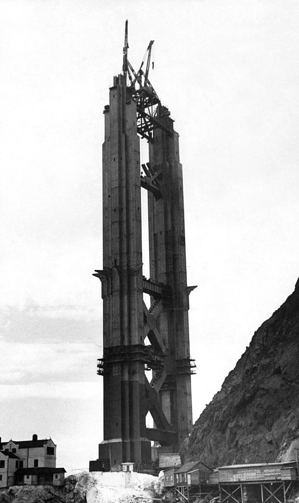 View of the Marin Tower of the Golden Gate Bridge under construction at a current height of 520 feet.