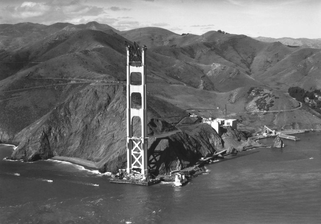 Marin Tower of the Golden Gate Bridge under construction, 1934