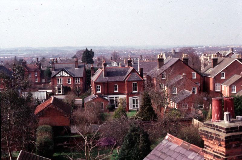 Westward view from roof of Ipswich School showing the back gardens and rear of houses in Warrington Road