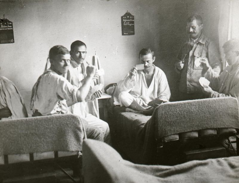 The hospital camp at Hald. Playing cards in the crew camp
