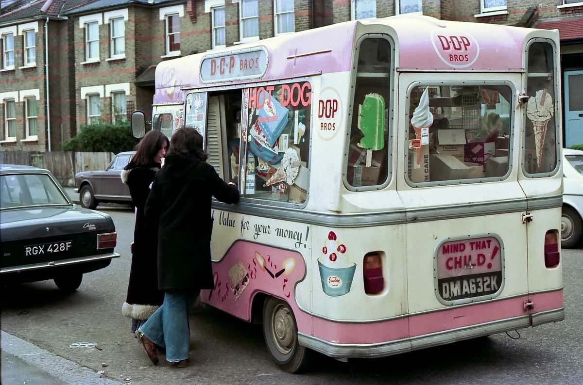 Ice cream van in Alleyn Park, Sydenham Hill, 16th March 1975.