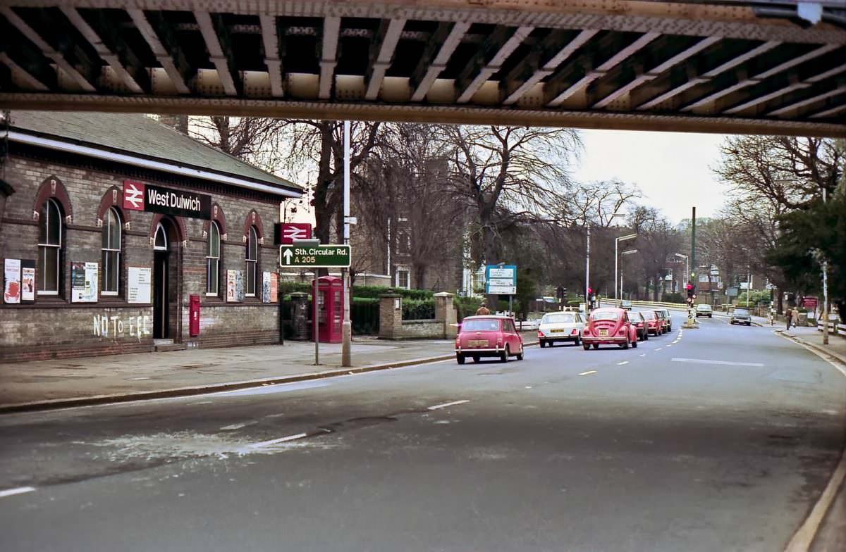 Thurlow Park Road and West Dulwich railway station, London SE21. 16th March 1975.