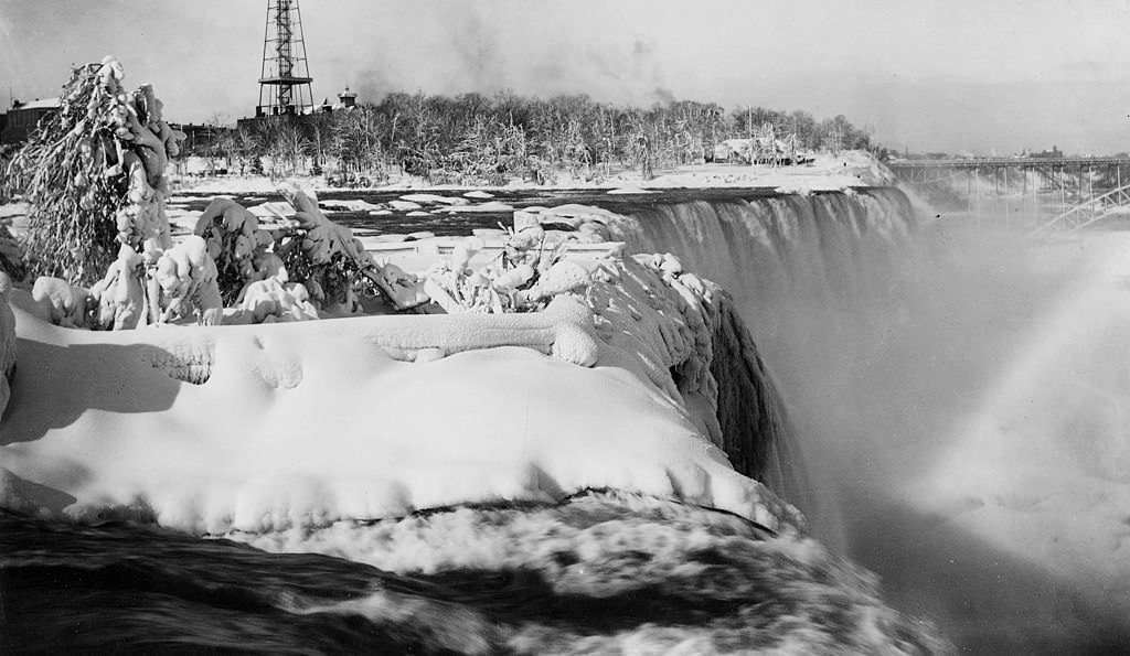 Winter view of the American Falls in heavy snow, Niagara Falls, New York, 1895.