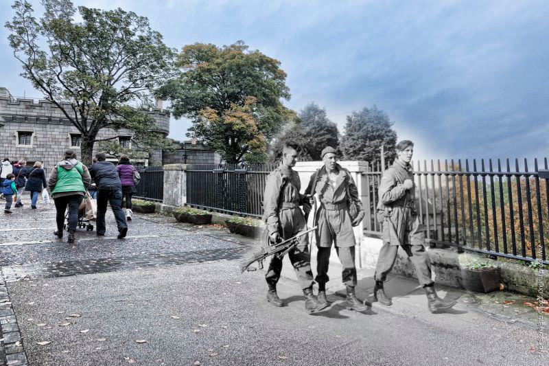 Parachute troops, bare-headed and wearing 'jump jackets', in Norwich during exercises in Eastern Command, 1941 and 2012