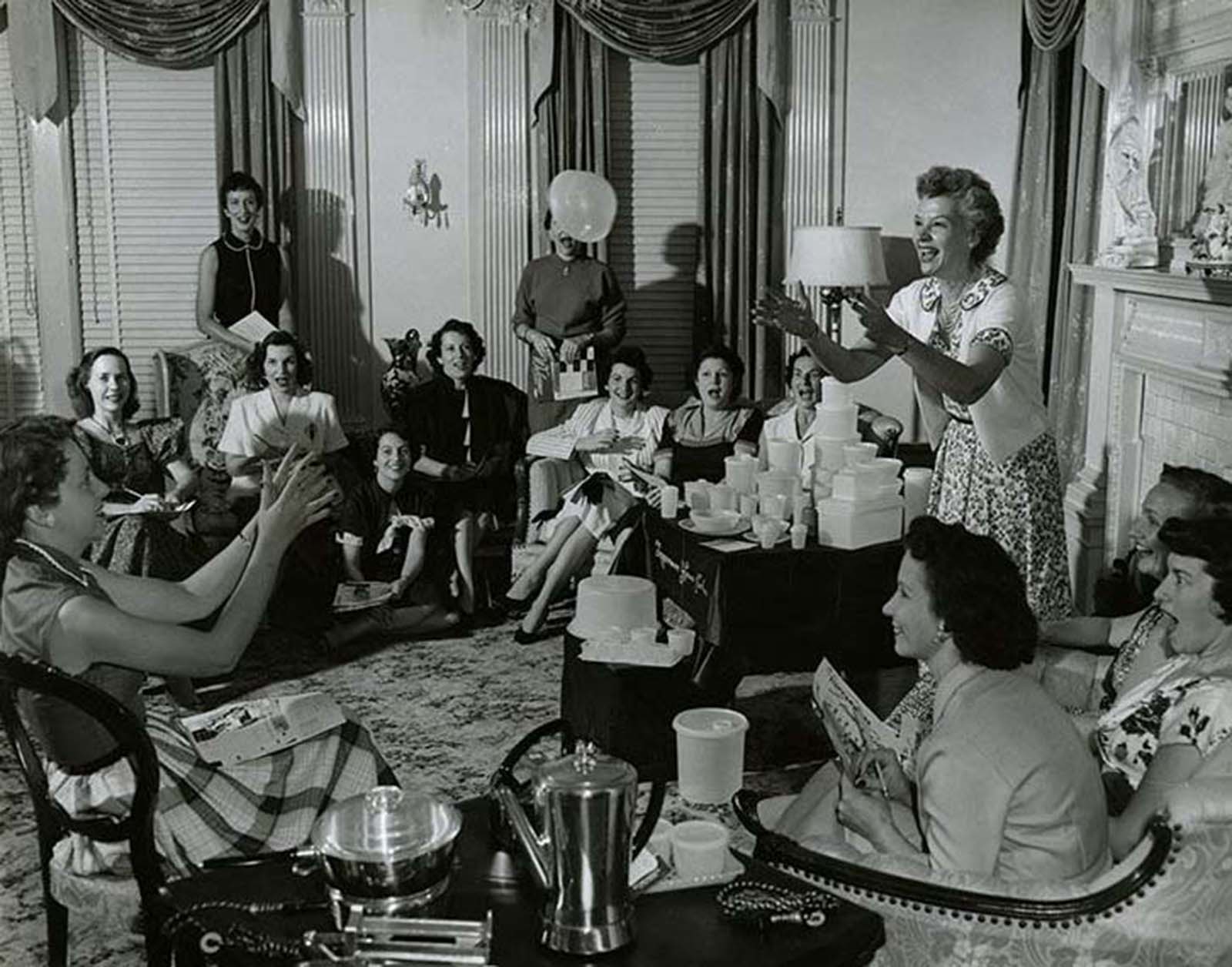 To demonstrate Tupperware’s patented seal, Brownie Wise tosses a bowl filled with water at a party.