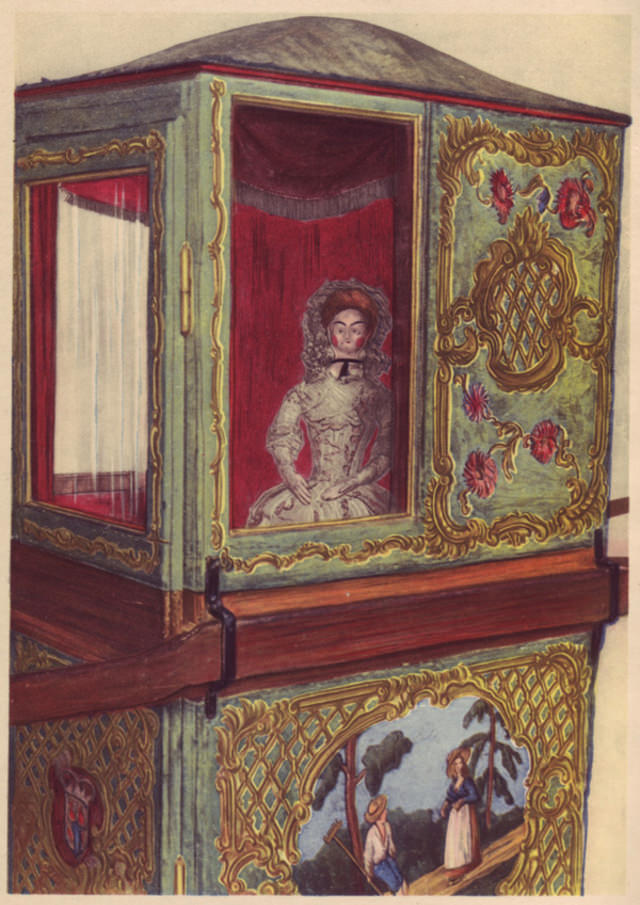 Rococo sedan chair with doll, German, ca. 1750.