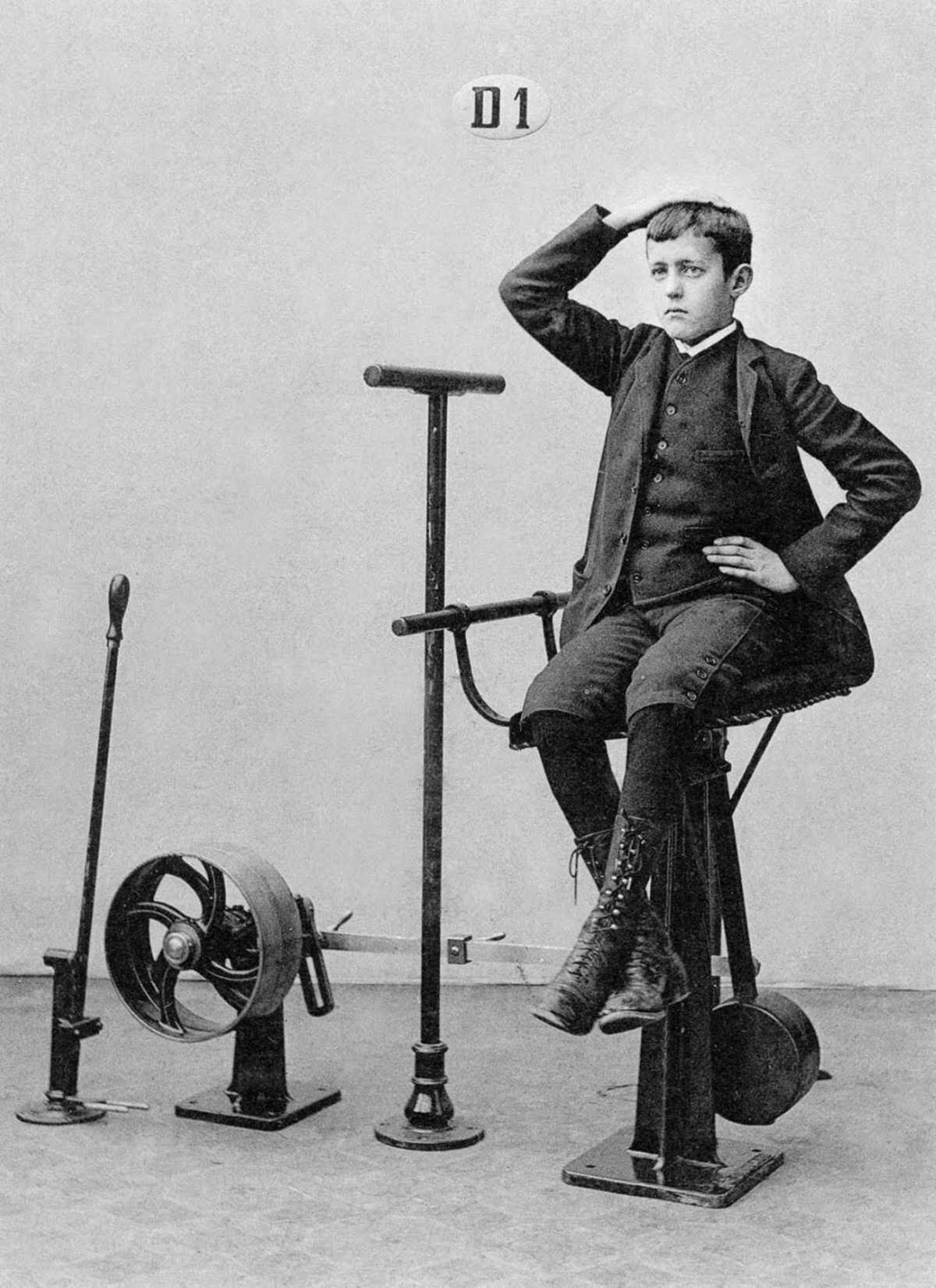 This boy isn’t sitting on a bar stool – it is a torso-twisting machine that is strengthening his stomach.