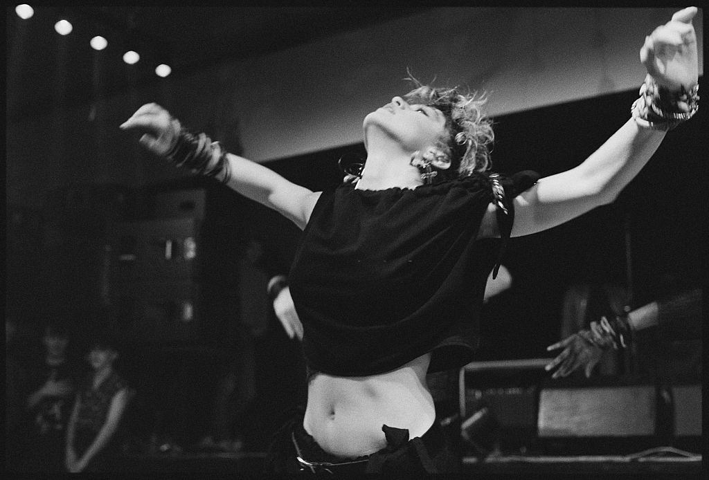 Madonna at the Hacienda club, Manchester, for a performance to be shown on the TV music show 'The Tube', 27th January 1984.