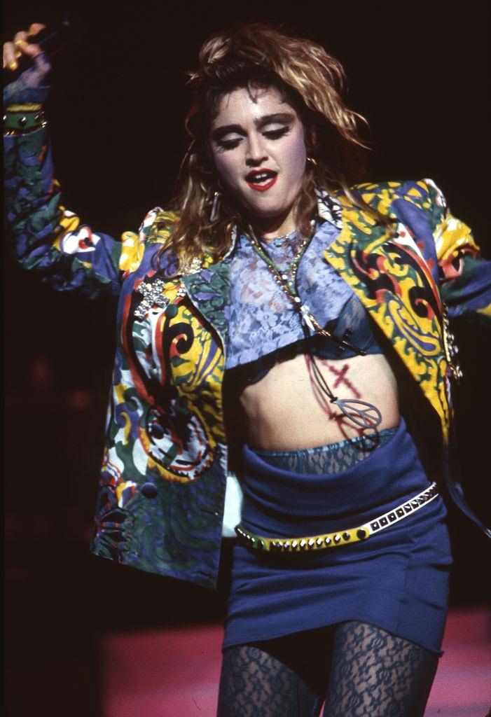 Madonna performs on stage during her Virgin Tour, Radio City Music Hall, 1985.
