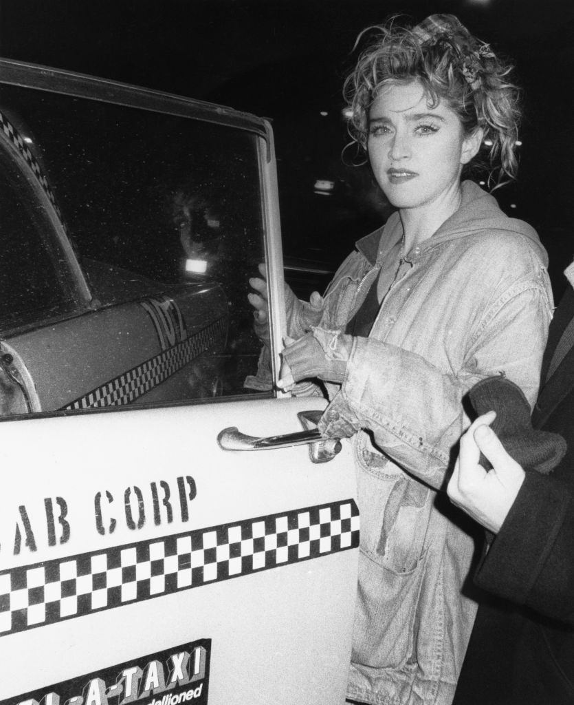 Madonna gets into a taxi cab, 1985.