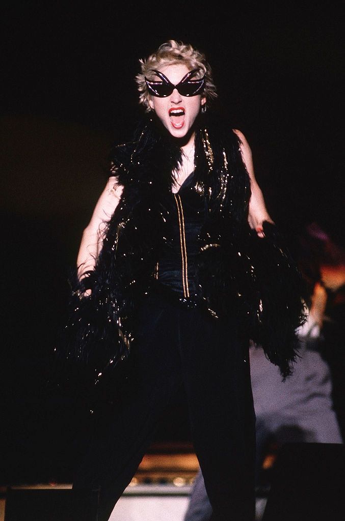 Madonna performs on stage in London, 1983.