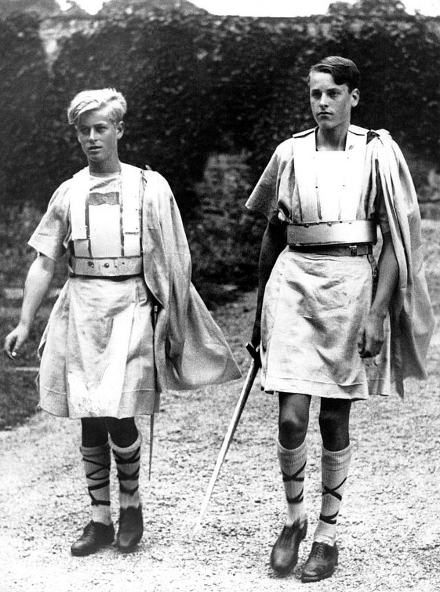 Philip, left, in costume for a production of MacBeth at Gordonstoun in 1935.